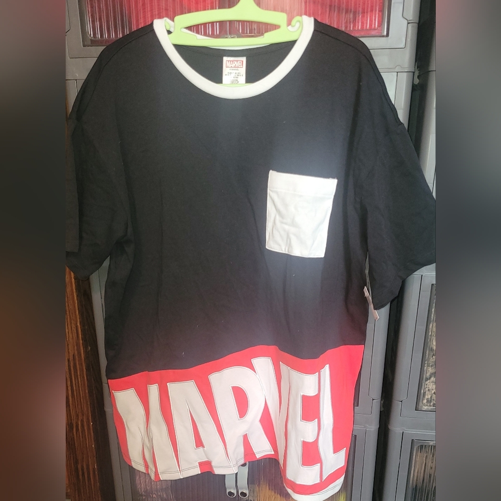 Marvel Mens  Black and Red Tee. Disney. Heavy Duty Embroidered Letters.